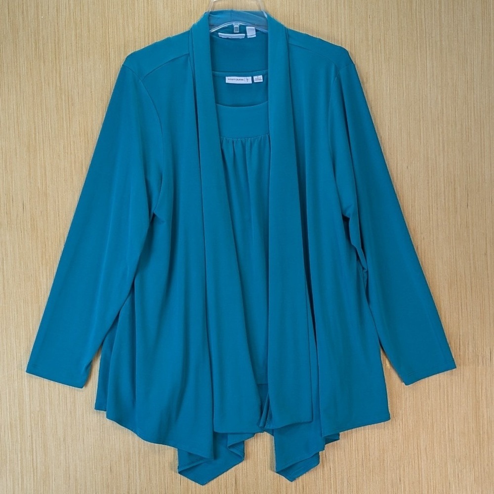Susan Graver Elevated Basic Cardigan Tank Twin Set Size 1X Teal Blue Liquid Knit